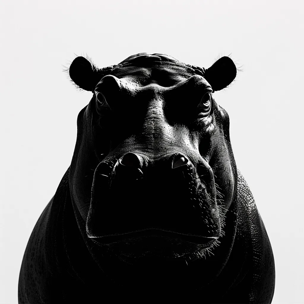 A black and white image of a hippopotamus's face, captured in a close-up shot. The hippopotamus is looking directly at the camera, its features rendered in a dramatic and detailed manner. The image is stark and striking, with the hippopotamus's dark form standing out against the white background. The hippopotamus's large eyes and prominent nostrils add to the image's powerful and imposing feel. The image is a study in contrasts, with the light and dark tones creating a sense of depth and drama.