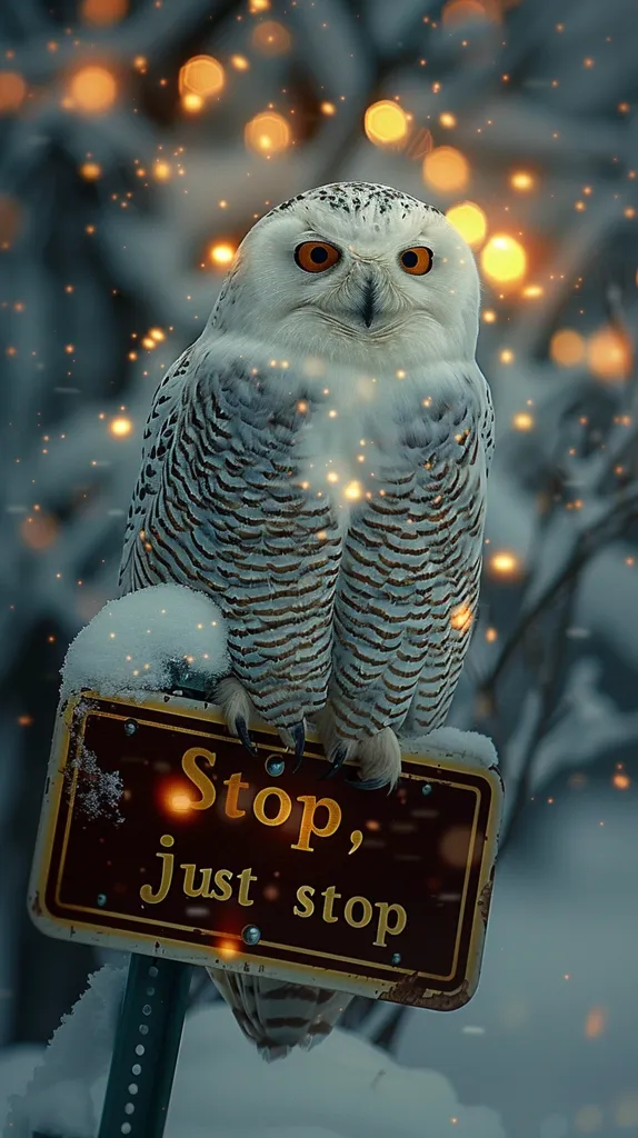 A snowy owl sits perched atop a sign that reads "Stop, just stop" in a wintery setting. The owl's feathers are white with black stripes, and its eyes are bright yellow. The background is blurred, with bokeh lights and snow falling. The scene evokes a sense of peace and stillness.