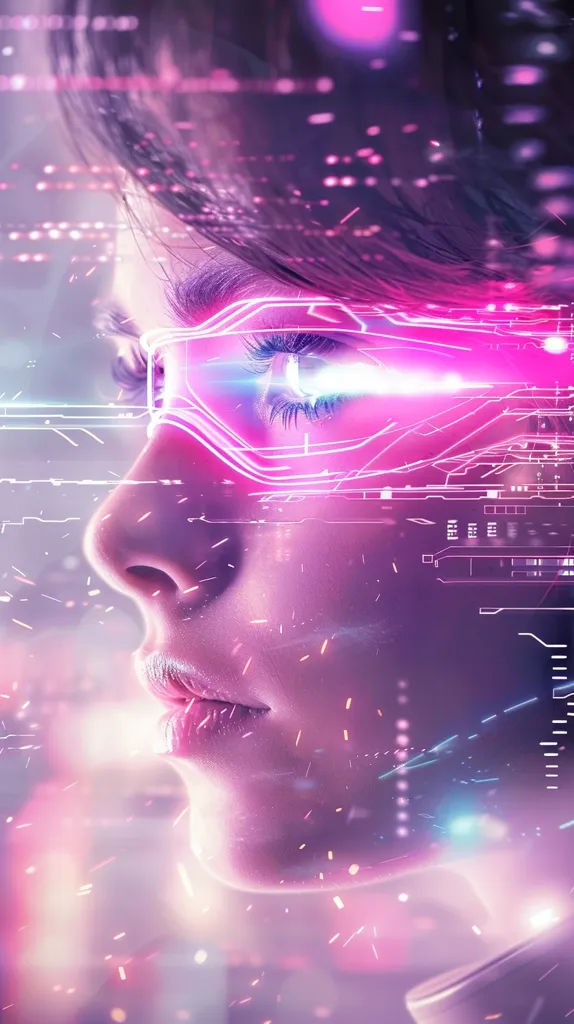The image depicts a close-up of a woman's face, her eye and lips highlighted by a pink and blue glow. She wears futuristic goggles, and the background is filled with a shimmering array of pink and blue lights, creating a sense of technological wonder and mystery. The image evokes feelings of futuristic technology and a digital world.