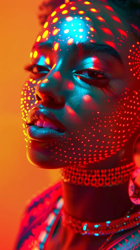 A close-up shot of a woman's face, illuminated by colorful lights. The subject's skin is covered in a pattern of small dots, creating a mesmerizing effect. The lighting creates a strong contrast between the light and dark areas of the image, drawing attention to the subject's features, especially their eyes and lips.  The woman's  eyes are closed,  and her lips are slightly parted, suggesting a moment of  tranquility or contemplation. The overall tone of the image is dramatic and evocative, highlighting the beauty and power of the human form.