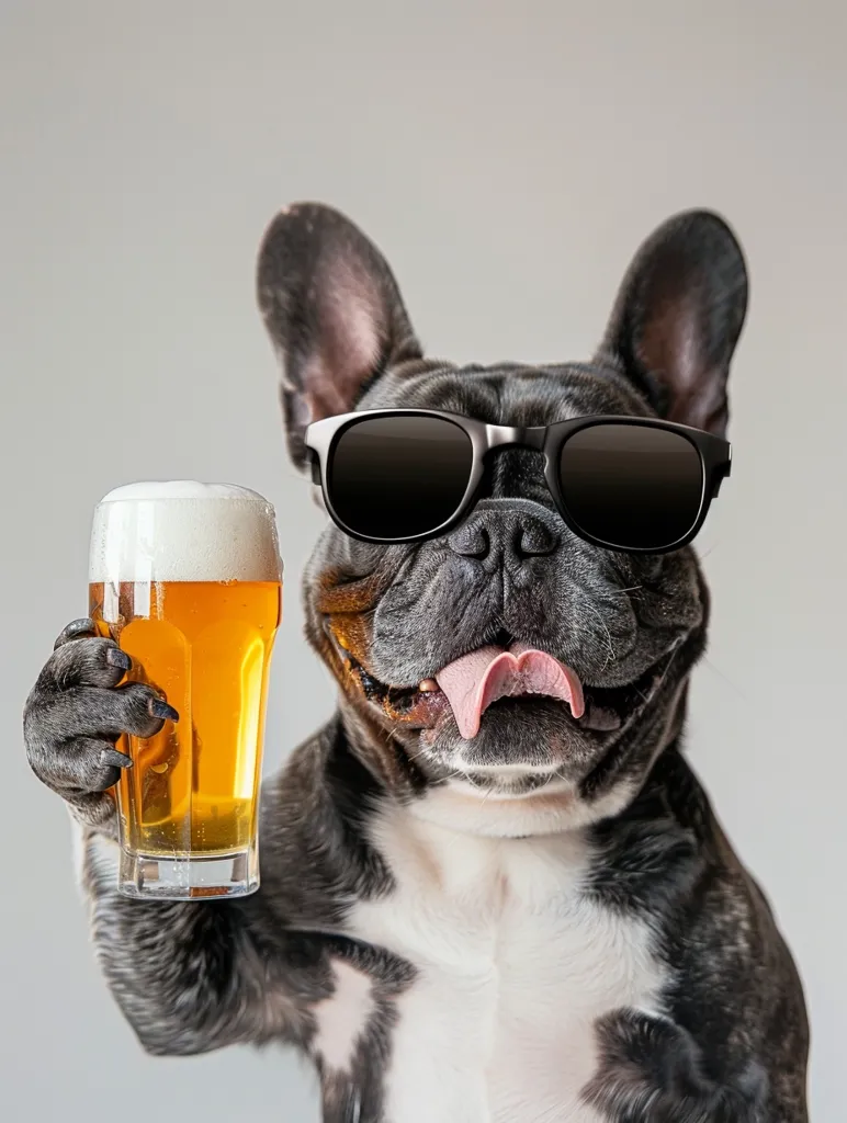 A French Bulldog wearing sunglasses holds a glass of beer with its paw. The dog has a happy expression, with its tongue sticking out. It is photographed against a white background. The image is humorous and playful.