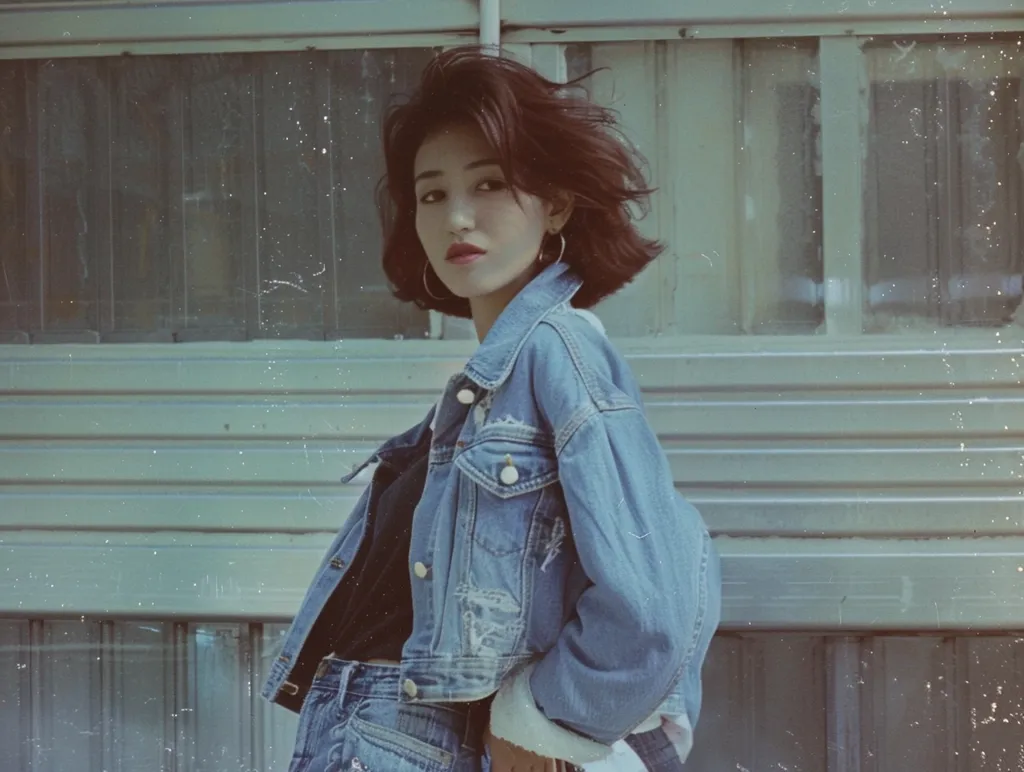 A young woman with short, dark hair and a denim jacket stands in front of a window with a light blue background. Her gaze is directed to the left of the frame, her expression serious. The image has a vintage, grainy quality. She wears a black shirt underneath the jacket and blue jeans. The scene evokes a sense of cool, casual style.
