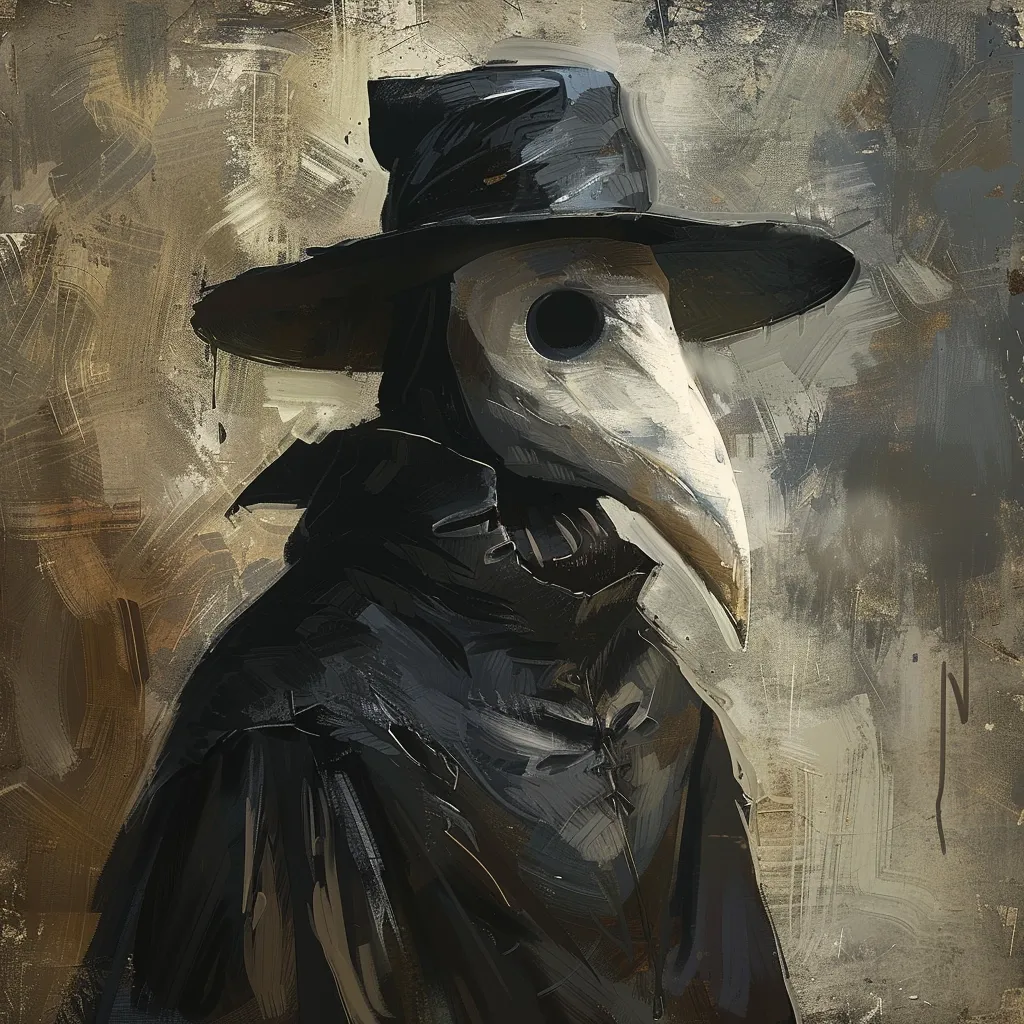 The image is a portrait of a figure wearing a black plague doctor mask with a long beak and a wide-brimmed hat. The mask has a circular eyehole and a white, textured surface. The figure is dressed in a dark cloak and the background is a textured, muted brown. The painting has a rough, brushstroke texture and evokes a sense of mystery and the historical period of the plague.