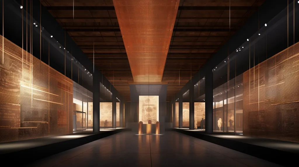 The image shows the interior of a modern museum. The walls are lined with large, illuminated display cases featuring intricate metalwork. A long, narrow hallway leads to the center of the space, where a large, ornate display sits beneath a suspended copper ceiling. The lighting casts warm, inviting shadows on the sleek, modern architecture.  The overall effect is one of elegance and sophistication.