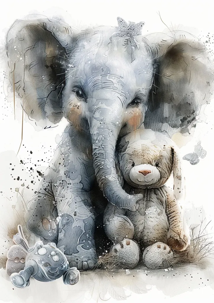 The image is a watercolor painting of a large gray elephant hugging a small beige teddy bear. The elephant has a sweet expression and is wearing a small butterfly on its head. The teddy bear has a happy face and is holding onto the elephant's trunk. The background is a soft white with delicate splashes of color. The image has a gentle and heartwarming feeling.