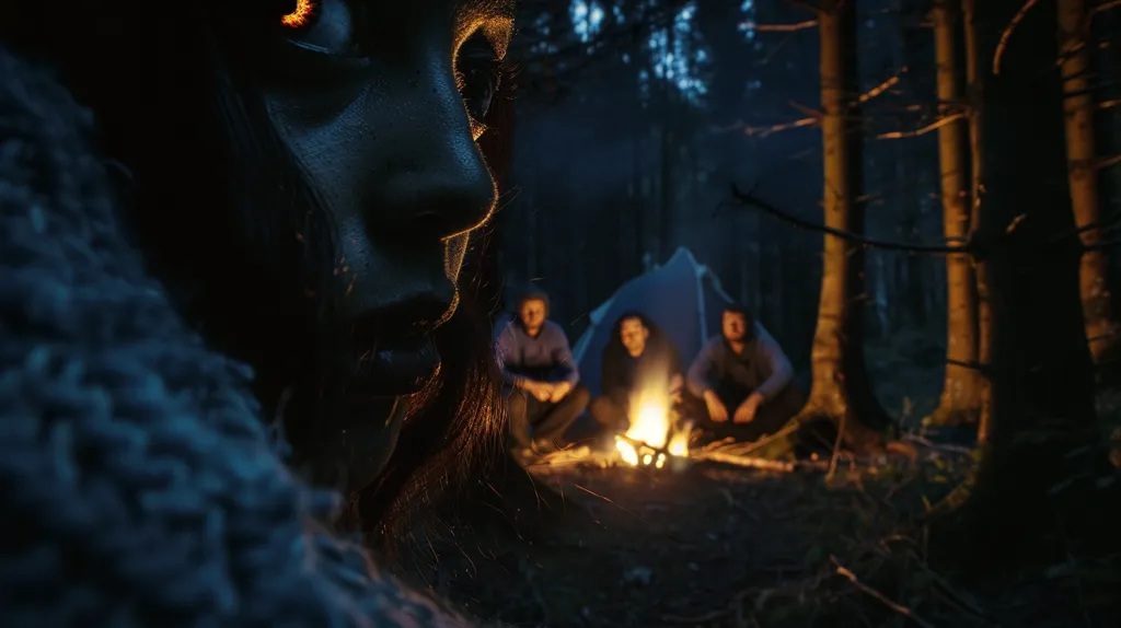 A close-up of a woman's face with glowing red eyes, staring into the distance at three people huddled around a campfire in a dark forest. The scene is dimly lit, with only the flames casting a warm glow on the figures. The forest is dense and shadowy, creating a sense of mystery and unease.