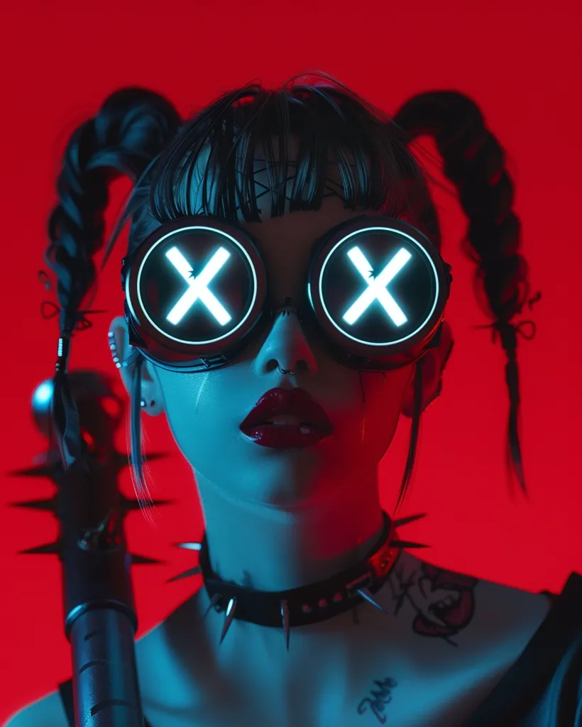 A woman with dark hair in two braids wears round goggles with illuminated "X" markings. Her lips are painted a bright red, and her skin is pale, illuminated by blue and red light. She has a black studded collar and a spiky weapon is visible in the foreground. The background is a vibrant red.  The image has a futuristic and edgy aesthetic.