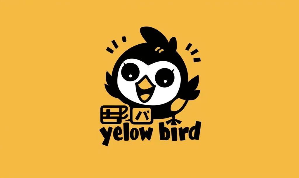 The image shows a cartoon bird with big eyes and a wide smile. It's black and white, with a yellow beak and a small yellow spot on its chest. It's standing on a yellow background and has the words "Yellow Bird" written below it. The bird looks happy and energetic.