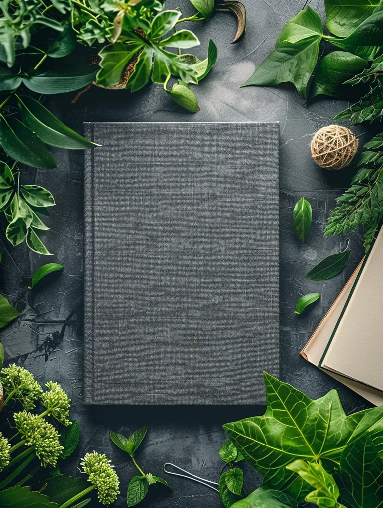 A flat lay composition features a grey, closed book surrounded by various green plants and leaves. The backdrop is a dark grey surface, and the book is positioned in the center. The greenery surrounds the book on all sides, creating a frame of lush foliage.  A small, round piece of twine sits in the top right corner.  The overall image is simple, but elegant, and conveys a sense of tranquility and natural beauty.  The book's blank cover invites the viewer to imagine what stories lie within its pages.