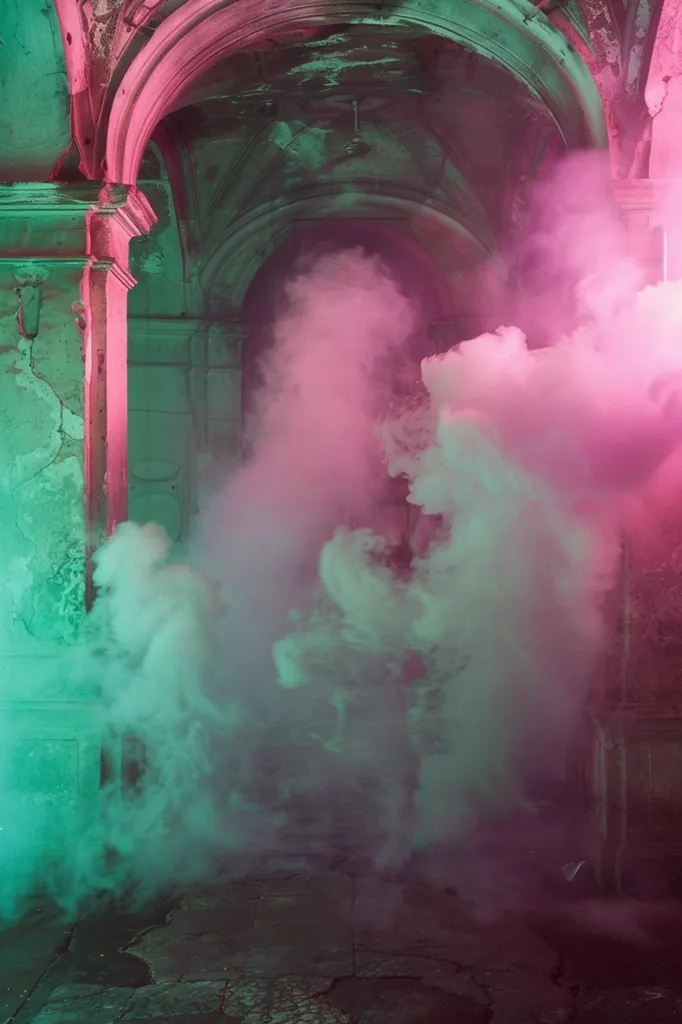 A dimly lit, abandoned building is filled with swirling smoke, casting a ghostly, ethereal atmosphere. The smoke is illuminated in pink and green hues, creating an otherworldly scene. The arched doorway leads into a shadowy space shrouded in mist, adding to the mysterious and haunting ambiance.  The crumbling walls and cracked floor suggest neglect and decay, further enhancing the eerie feeling.