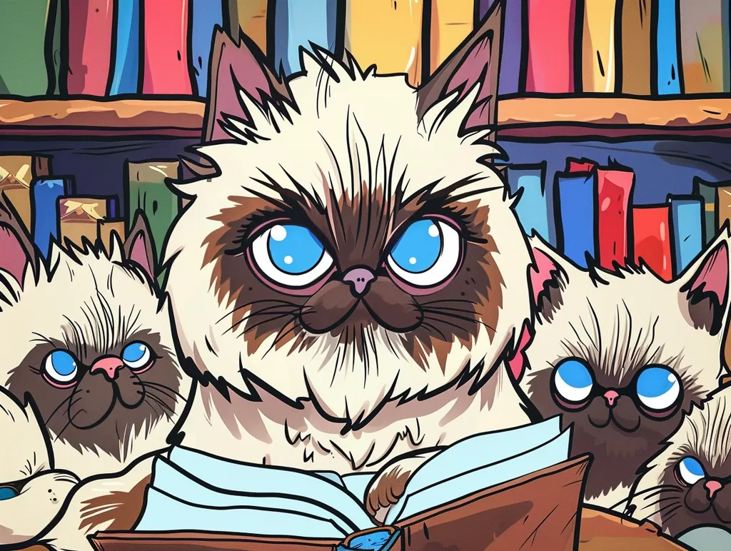 A cartoon illustration of three cats in front of a bookshelf. The middle cat is the largest and has a serious expression, reading a book. The cat on the left looks concerned and the cat on the right is wearing glasses.  The bookshelf is filled with colorful books. The image uses a bright, cartoonish style.