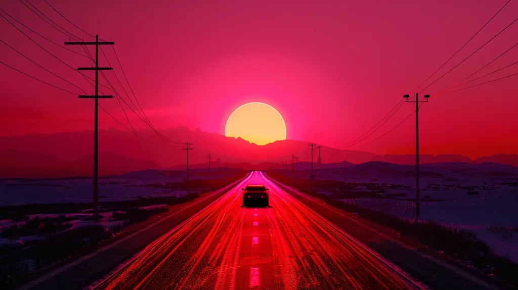 A lone car drives down a straight road towards the horizon. The sky is a vibrant pink, with a large, yellow sun setting behind distant mountains. Power lines and poles line the road, their silhouettes standing out against the colorful sky. The scene evokes a sense of solitude and open space.