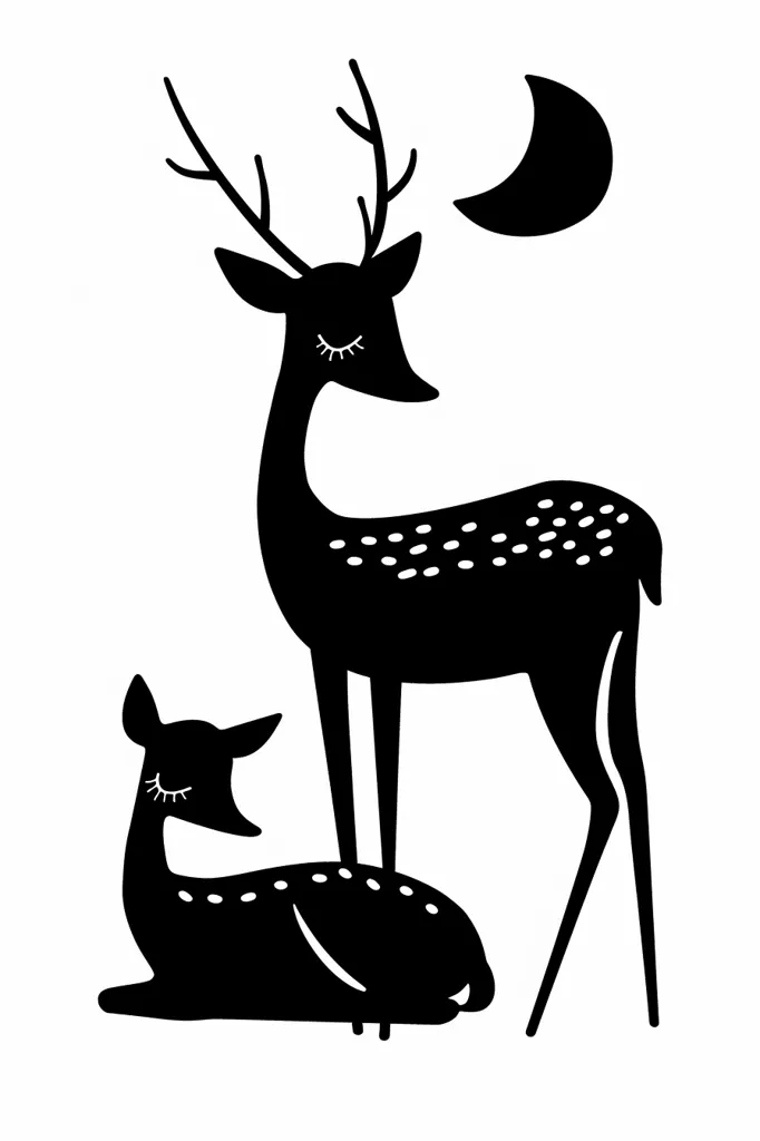 The image depicts two deer, one standing and one lying down, silhouetted against a white background. The standing deer has its eyes closed, and its antlers are prominent. A crescent moon is in the top right corner. The image is simple and elegant, with a touch of whimsy.