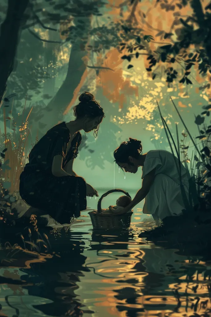 Two women stand by a still pond in a forest. One is dressed in black, the other in white. They look down at a wicker basket in the water, where a baby lies sleeping. The scene is illuminated by a soft light filtering through the trees. It evokes a sense of peace and serenity.