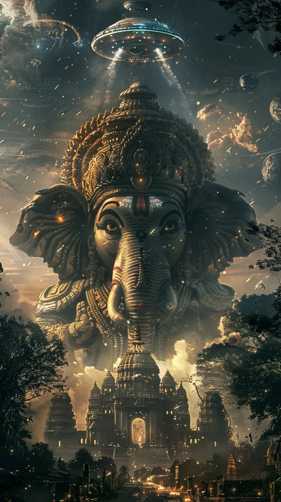The image depicts a majestic, golden Ganesha statue towering over a city. A glowing, futuristic UFO hovers above, casting beams of light down upon the scene. The city is adorned with ornate architecture, twinkling lights, and lush trees. The image evokes a sense of wonder and mystery, blending ancient Hindu deities with futuristic technology. The celestial setting suggests a divine presence, perhaps a blessing or a message from above.