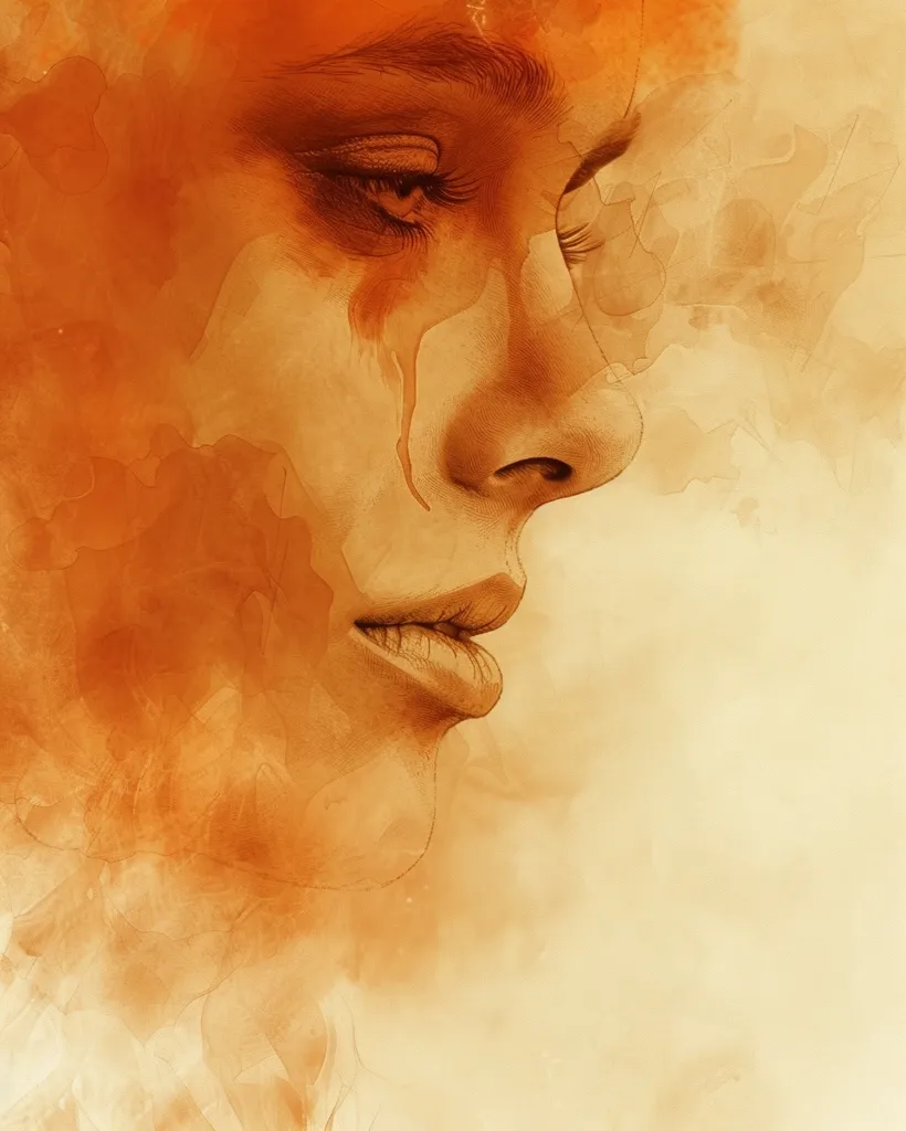 A close-up, watercolor-style portrait of a woman's face, rendered in hues of orange and brown. Her eyes are closed, and she appears lost in thought, with a hint of sadness in her expression. The background is a soft, hazy blur, adding to the dreamy atmosphere. The overall effect is one of quiet contemplation and gentle beauty.