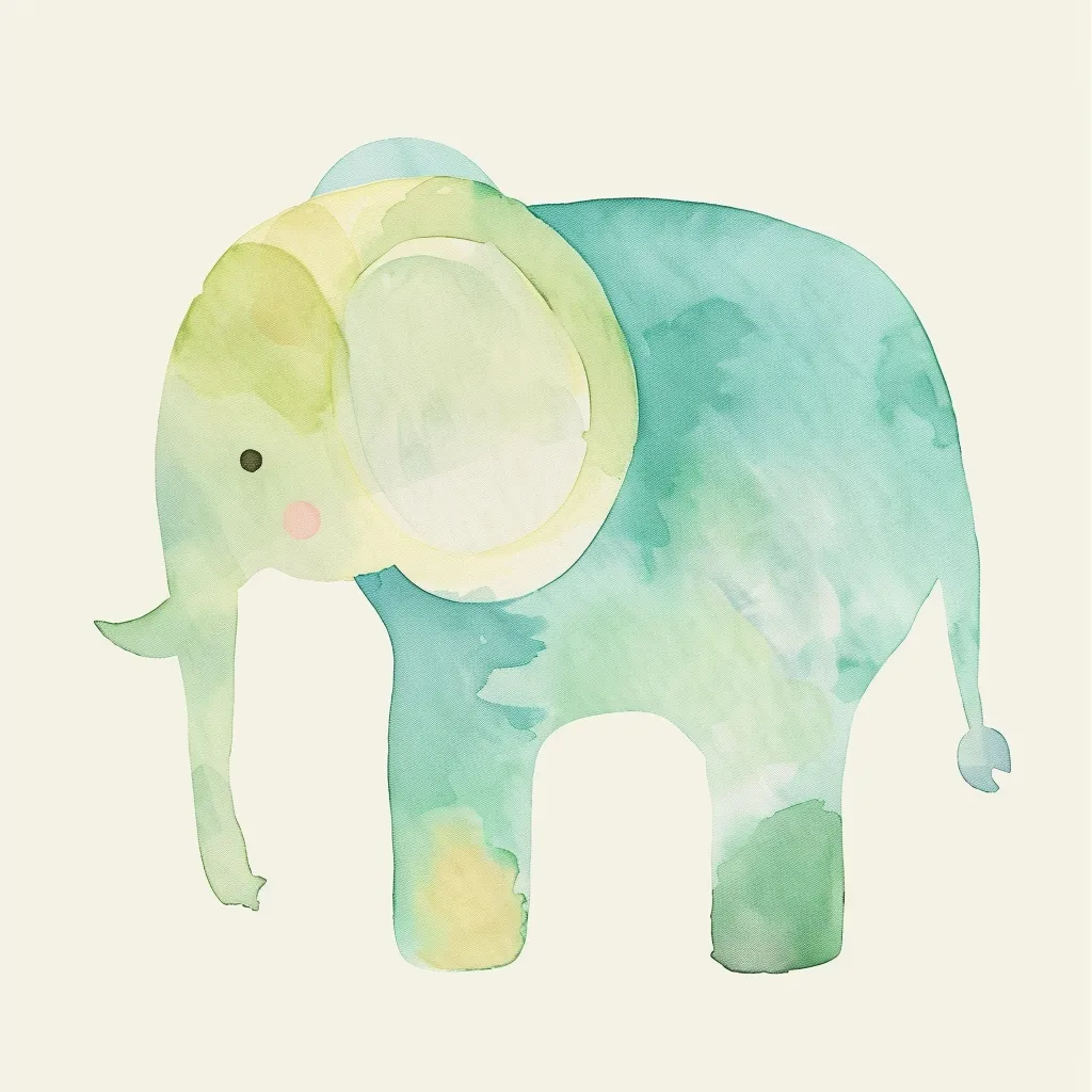A watercolor painting of an elephant in shades of green and blue. The elephant's outline is clear, with a large ear and trunk. The painting has a whimsical and childlike quality, with soft colors and a simple design. The elephant is depicted standing on a cream-colored background.