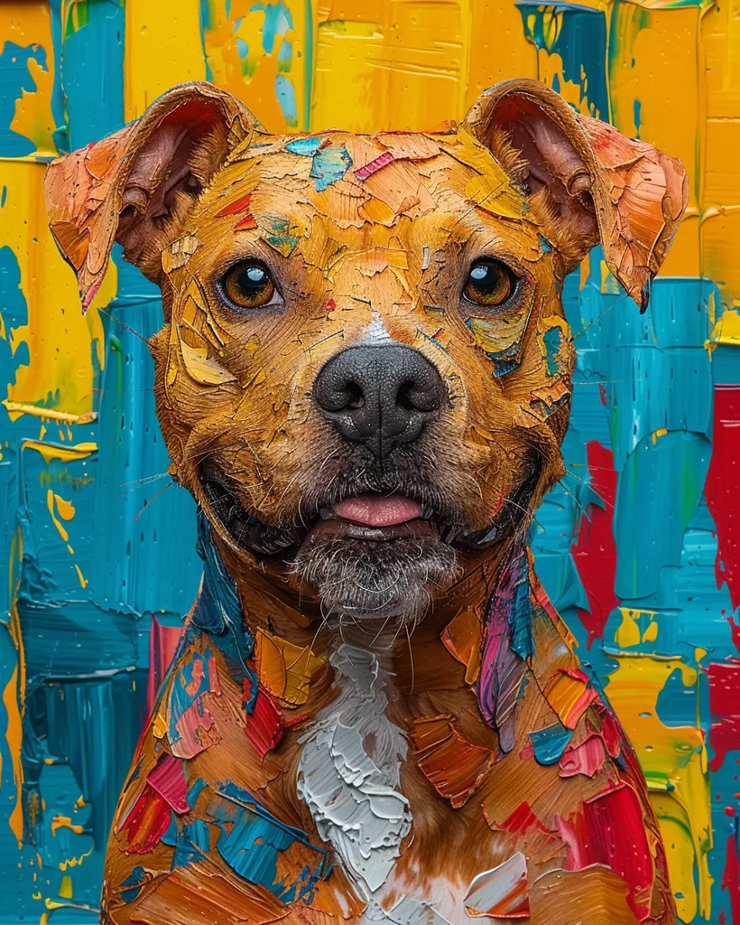 A brown and white dog, possibly a pit bull, is depicted in a colorful, abstract painting. The dog's fur is covered in various colors of paint, creating a vibrant and textured effect. The background features bold strokes of yellow, blue, and red, enhancing the overall artistic impression. The dog's expression is calm and gentle, adding a touch of serenity to the image.