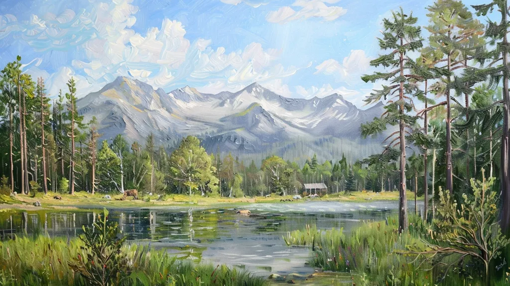 A painting depicts a serene mountain lake scene. Tall, slender trees line the banks, their reflections shimmering on the calm water. Majestic mountains rise in the background, their peaks shrouded in a hazy mist. A small cabin nestled amongst the trees adds a touch of human presence to the idyllic landscape. The sky is a soft blue, dotted with fluffy white clouds. The overall impression is one of peace and tranquility.