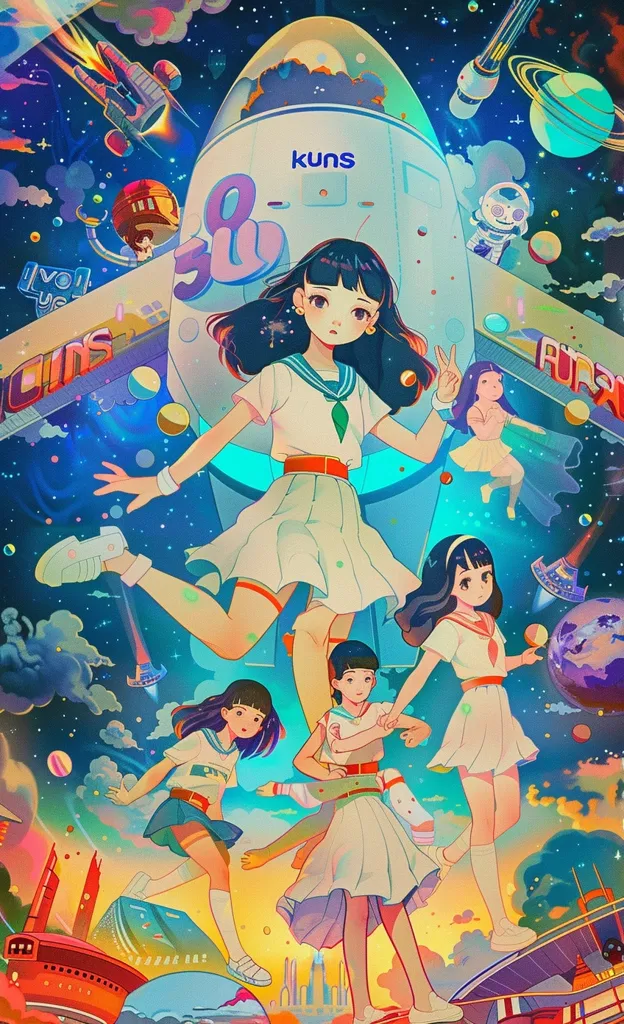 The image depicts four young girls in sailor outfits, standing in front of a large, white spaceship with "Kuns" written on it. The girls are surrounded by a colorful, surreal background of planets, stars, and clouds, suggesting a space travel theme. The overall aesthetic is vibrant and playful, reminiscent of anime or manga. The artwork conveys a sense of adventure and wonder.