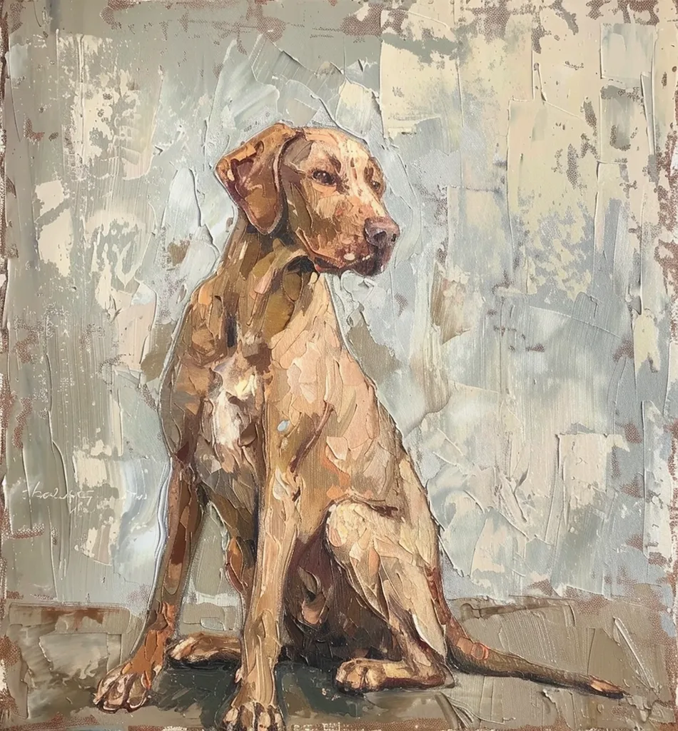 The painting depicts a brown and white dog, possibly a Vizsla, sitting on a textured, off-white background. The dog is facing slightly to the right, with its head tilted and its gaze directed towards something out of frame. The artist has used thick, impasto brushstrokes to create a sense of texture and movement in the dog's fur and the background. The painting has a warm and inviting feel, with the dog's gentle expression and the soft, muted colors.  A signature is visible in the bottom left corner.
