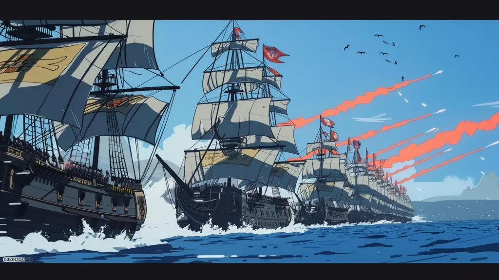 A fleet of ships sails across the ocean under a bright blue sky with streaks of red smoke trailing behind them. The ships are large and imposing, with billowing sails and cannons on their decks. A flock of birds flies overhead. The image is likely from a historical or fantasy setting, and captures the grandeur and power of a naval force.