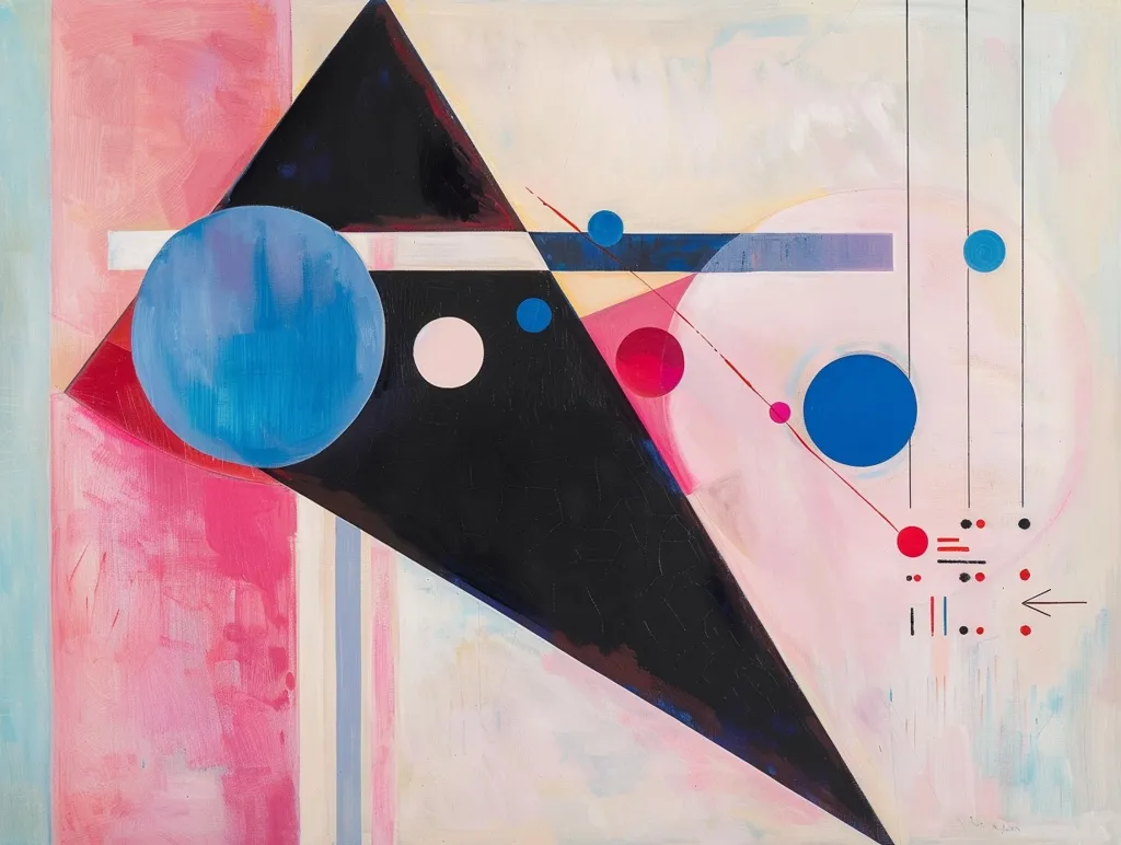 The abstract painting features a large black triangle on a light background. It's overlaid with a white horizontal line, a blue circle and smaller geometric shapes. The right side of the painting has thin vertical lines, while the left side is dominated by a pink and red area.  The shapes and colors are geometric and create a sense of movement and balance.