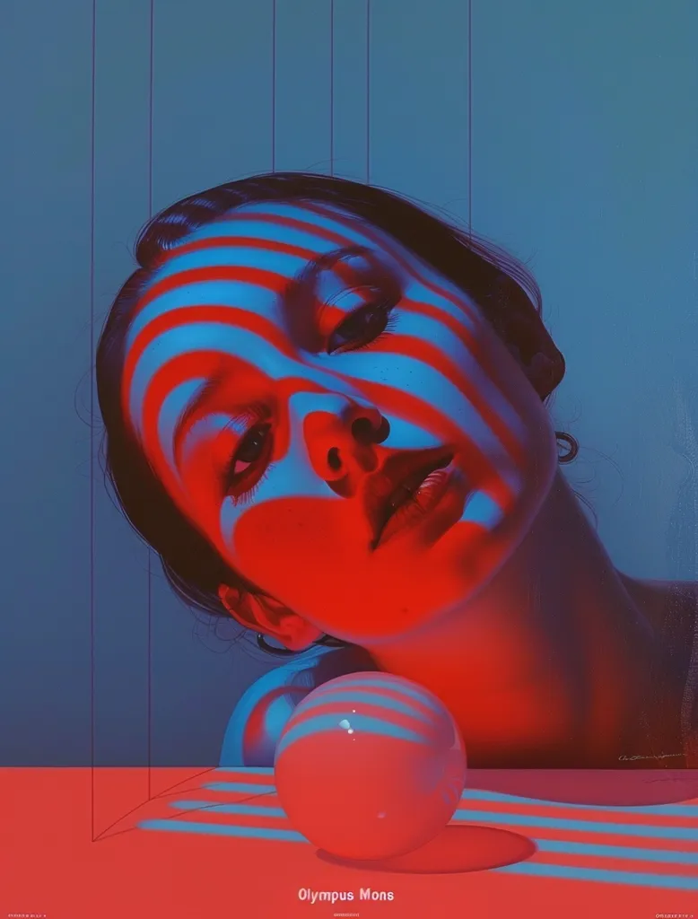 The image is a close-up portrait of a woman's face. She is lying on a red surface and a bright red orb sits in front of her. The woman's face is illuminated in a striking red and blue light, creating an abstract and dramatic effect. Red and blue stripes are projected onto the woman and the sphere, adding to the surreal atmosphere. The background is a simple blue with thin red lines. The overall mood is one of intrigue and mystery.
