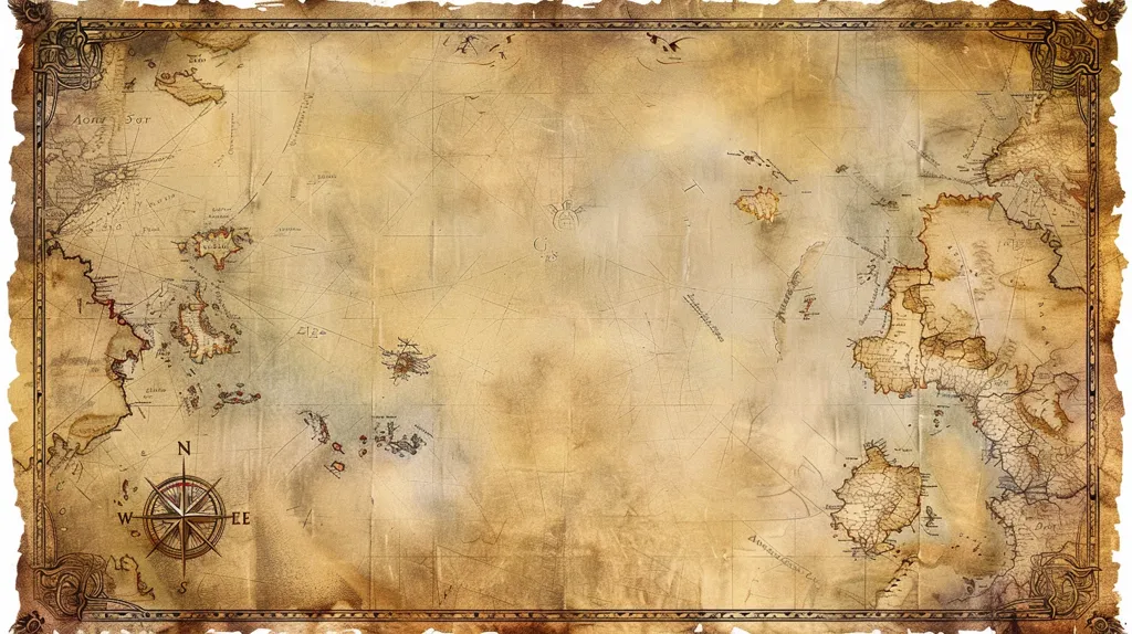 The image is of an old, tattered map. It is faded and yellowed with age and has a compass in the bottom left corner.  There are several islands and landmasses on the map, with some names and lines marking routes or directions. The map has a decorative border with a Celtic-inspired design. It looks like it could be a pirate treasure map!  The map appears to be made of parchment and has a vintage, rustic feel.