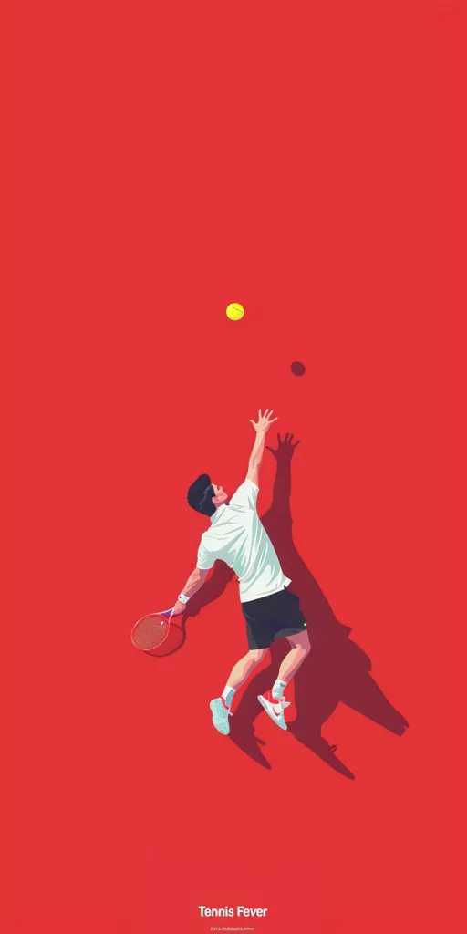 A tennis player in a white shirt and black shorts reaches up with his racket to hit a yellow tennis ball against a red background. His shadow stretches out behind him, reaching towards the top of the image. The image is minimalist and dynamic, capturing the energy of the game.