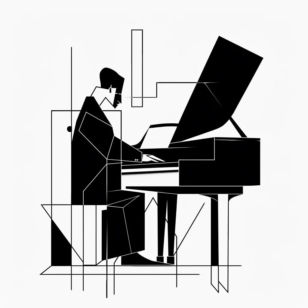 A minimalist black and white illustration depicts a pianist playing a grand piano. The figure is stylized, with geometric shapes forming the body and limbs. The piano is also simplified, with its form represented by sharp lines and angles. The artwork is set against a white background, creating a stark contrast. The lines and shapes emphasize the movement of the pianist's hands and the flow of the music.  The overall effect is one of elegance and sophistication.