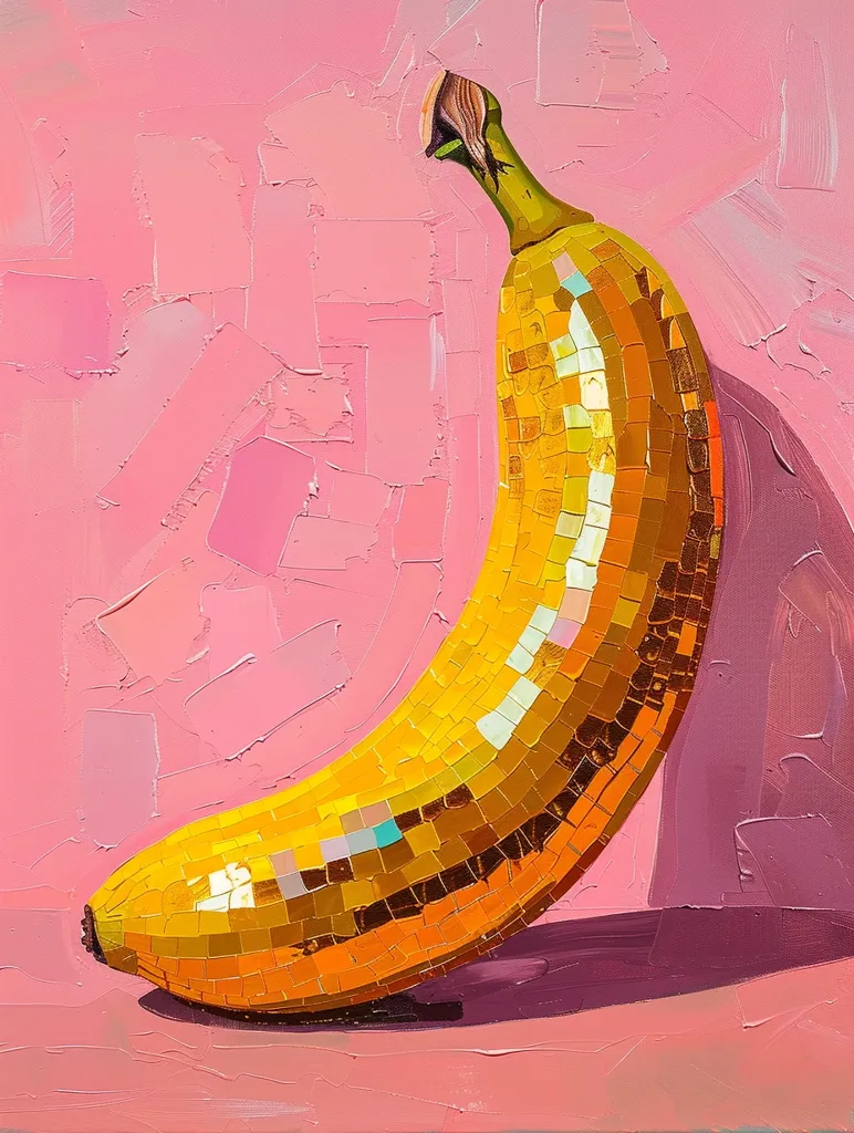 A single banana is the focal point of the image, painted with a textured, mosaic-like style. The banana is a bright yellow, creating a stark contrast against the soft pink background. The background is painted with thick strokes, giving it a rough, almost textured appearance. The painting has a playful and whimsical feel, like a cartoon rendition of a banana.