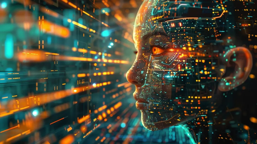 A digital portrait of a human face, rendered in a futuristic, cyberspace-like style. The face is composed of glowing lines, circuit boards, and bright, colorful pixels. The background is a blur of  orange and teal lines, suggesting a complex technological environment. The image evokes a sense of artificial intelligence and the potential merging of technology and humanity.