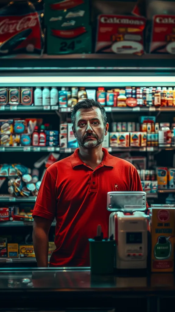 A man in a red polo shirt stands behind a counter in a convenience store. The shelves behind him are stocked with various products, including bags of chips, soda, and other groceries. There is a cash register on the counter, and the man is looking directly at the camera. The store's lighting is dim and the overall atmosphere is calm.  The scene is a typical, everyday image of a cashier working in a convenience store.