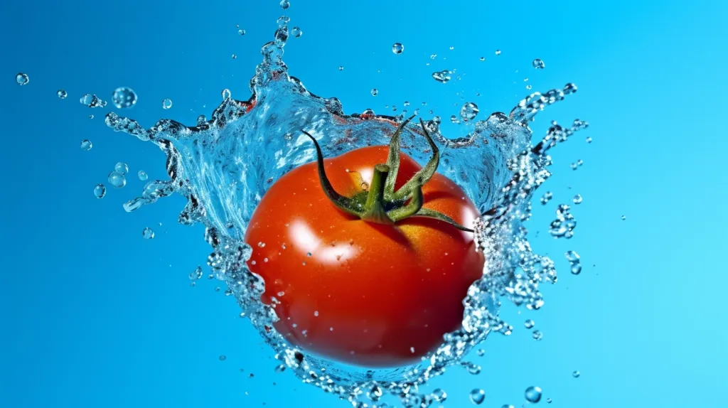 A red, ripe tomato with a green stem is submerged in a blue body of water, creating a beautiful splash of water droplets. The tomato is the focus of the image, surrounded by a burst of water, highlighting its freshness and juiciness. The blue background emphasizes the vibrant colors of the tomato and the water.  The image is a playful and refreshing representation of summer produce.