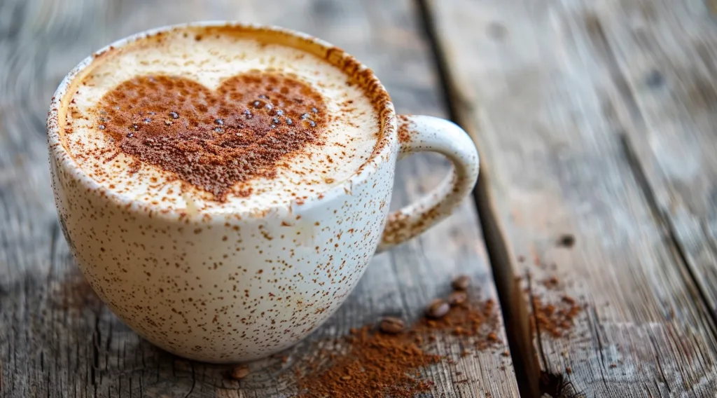 A white mug with a speckly finish sits on a wooden surface. The mug is filled with steaming cappuccino, with a heart shape dusted on top with cinnamon. The heart is slightly blurred, adding a touch of whimsy. A scattering of cinnamon grounds lies around the mug. The scene is warm and inviting.