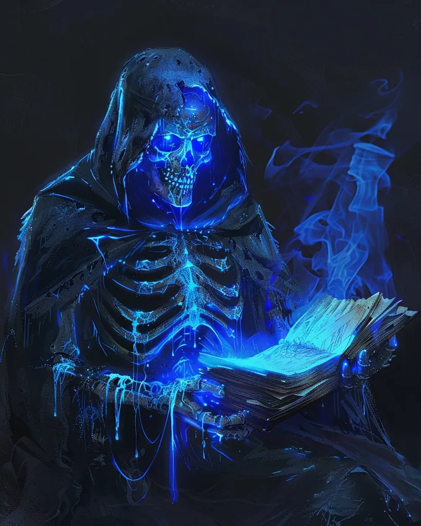 A skeletal figure, cloaked in a dark hooded garment, glows with an ethereal blue light. The figure holds an open book in its skeletal hands, which seems to be emitting the same blue light. The background is a dark void with wispy tendrils of blue smoke swirling around the figure. The image is haunting and mysterious, evoking a sense of the supernatural.