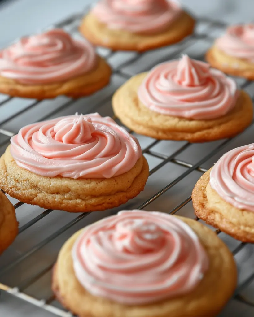 A close-up shot of six cookies with pink frosting on a cooling rack. The cookies are golden brown and the frosting is swirled on top. The cookies are arranged in a semi-circle with the largest in the middle. The background is a blurry white surface.  The photo emphasizes the soft, sweet, and delicious nature of the treats.