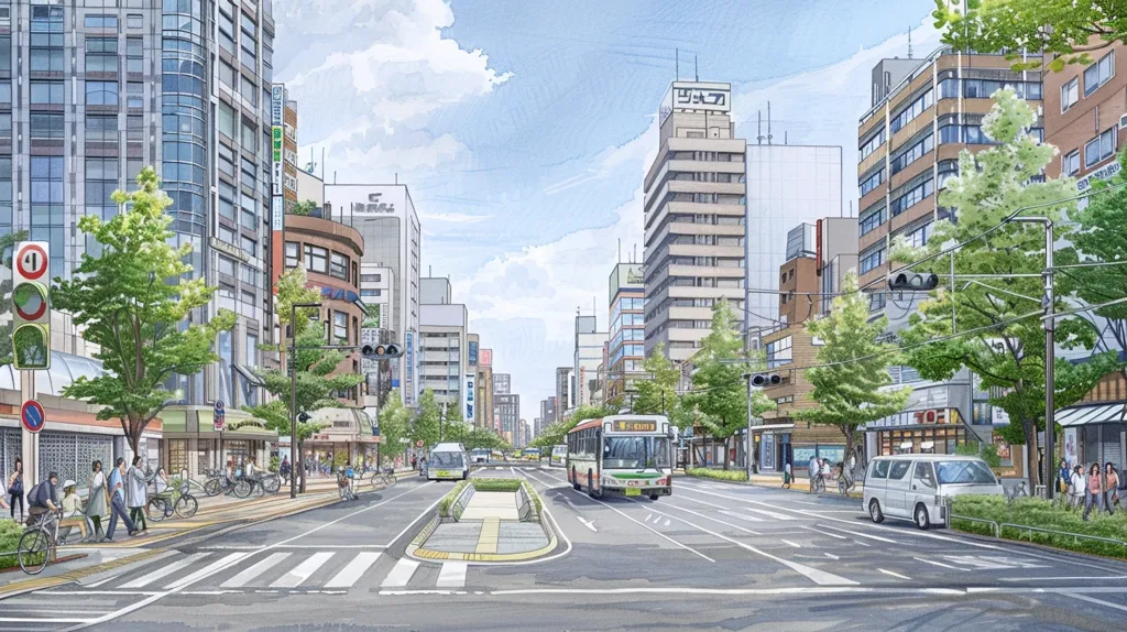 The image depicts a busy street scene in a Japanese city. Tall buildings line the street, with shops and restaurants on the ground floor. There are pedestrians walking on the sidewalk, cyclists riding on the bike lane, and a bus driving down the road. Trees and green spaces add a touch of nature to the urban environment. The sky is clear and blue, with a few clouds scattered across it. Overall, the image evokes a sense of urban life and activity.