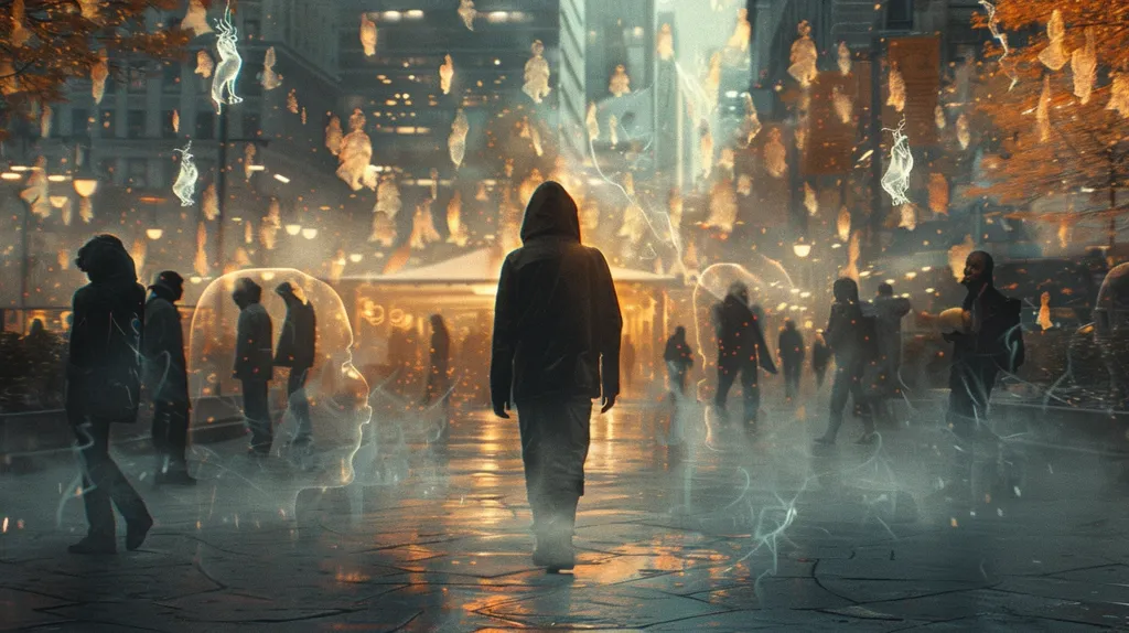 A hooded figure walks down a city street at night.  The air is filled with glowing, translucent shapes that seem to be falling from the sky. The city is brightly lit and there are other people walking around, but they are all blurry and indistinct. The hooded figure is the only one in focus, and they seem to be walking towards the viewer. The image has a mysterious and slightly eerie atmosphere.