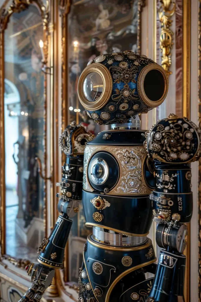 A steampunk robot, crafted from polished metal and adorned with intricate details, stands in front of ornate golden mirrors. Its large, round head features a pair of circular eyes with ornate frames. The robot's body is a complex mix of gears, cogs, and embellishments, showcasing a blend of futuristic technology and vintage aesthetics. The background mirrors reflect the intricate details of the robot's design, highlighting its craftsmanship.