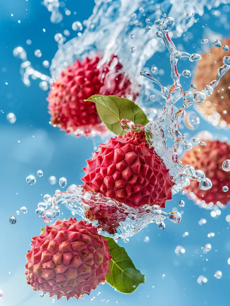 Four red lychees are suspended in mid-air against a light blue background. Water droplets spray around them, creating a sense of motion and freshness. One lychee is partially obscured by a green leaf, highlighting the vibrant color contrast. The image captures the beauty of nature and the delight of fresh fruit.