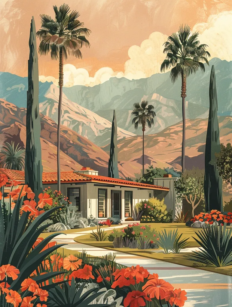 A charming, single-story house with a red tile roof sits nestled amidst lush greenery and towering palm trees in a picturesque landscape. The backdrop features a range of mountains in the distance, adding depth and grandeur to the scene. The vibrant flowers in the foreground create a welcoming and inviting atmosphere. The overall impression is one of tranquility and natural beauty.