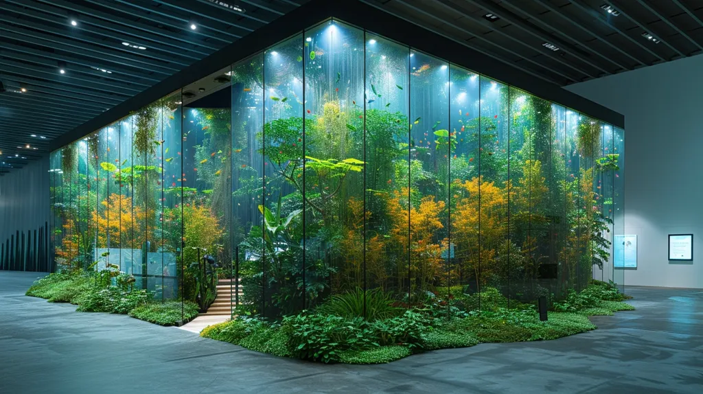 A glass enclosure within a modern gallery space showcases a miniature rainforest. Lush greenery, including ferns, trees, and shrubs, fill the enclosed space. Sunlight streams through the glass, casting a warm glow on the foliage. The space is a serene oasis within the stark, modern setting.  A set of stairs leads into the enclosure, inviting visitors to step into the verdant world.  The overall effect is one of peaceful tranquility and artistic integration with nature.