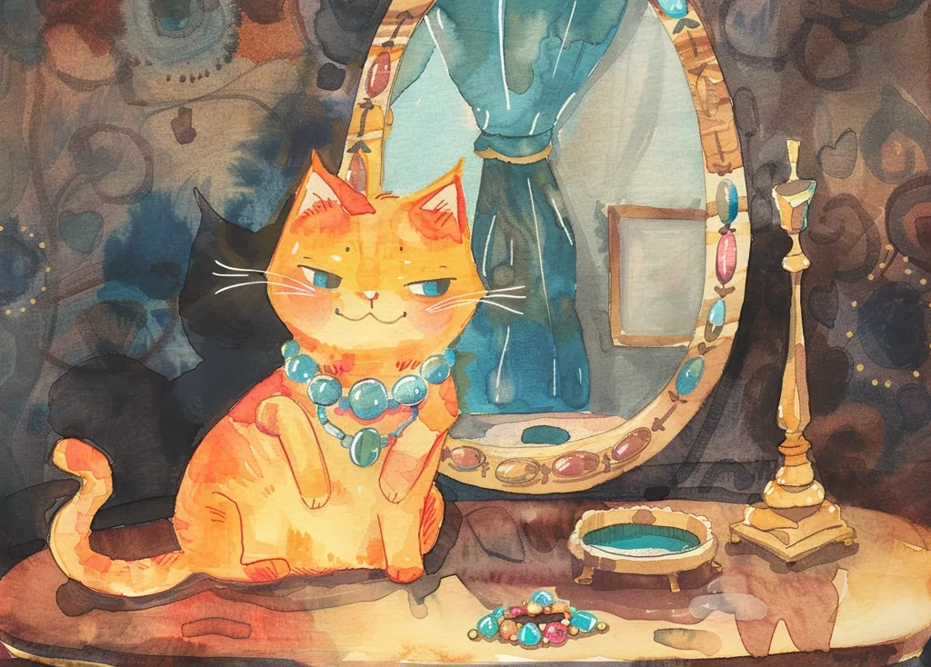 A watercolor painting depicts a ginger cat wearing a turquoise necklace, sitting in front of a vanity table. A gold candlestick sits on the table next to a small blue bowl. The cat is looking at its reflection in an oval-shaped mirror that is decorated with colorful gems. The vanity table is made of wood with a warm brown finish. The background is a soft brown with a floral pattern.  The painting is light and whimsical, with a playful and charming feel.