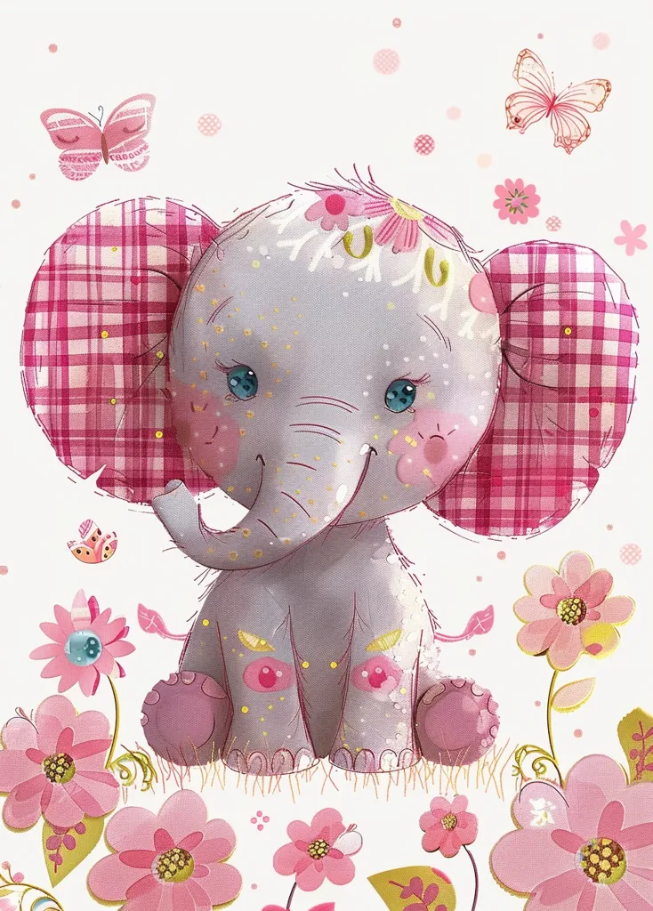 The illustration features a cute, gray elephant with pink and white plaid ears, sitting amidst a field of pink flowers. The elephant has big, blue eyes and a sweet expression. The background is white with scattered pink and white polka dots and two butterflies. The overall style is whimsical and charming, suitable for children's decor or cards.