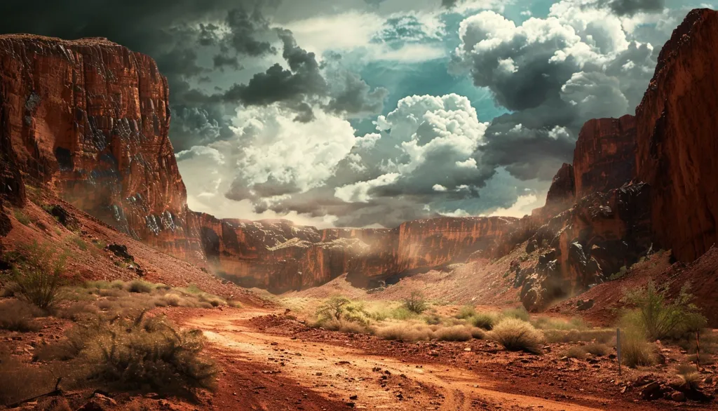 A dusty, red dirt road winds through a canyon in the desert. Tall, red rock cliffs line the sides of the path, with sparse vegetation clinging to the slopes. A bright, blue sky peeks through dramatic, swirling clouds overhead. The scene evokes a sense of solitude and vastness.