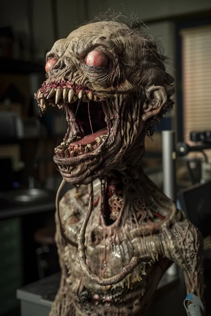 A grotesque, decaying creature with a large, gaping mouth and bulging eyes stares intensely at the viewer. Its skin is pale and wrinkled, and its body is covered in veins and exposed flesh. The creature's expression is one of pure horror, suggesting a creature of great evil.  The creature's skin is hanging loosely, exposing the muscle and bone beneath. It appears to be undead.  The creature is standing in an empty room, giving the viewer a sense of isolation and dread.  This grotesque creature appears to be a creature of nightmares.