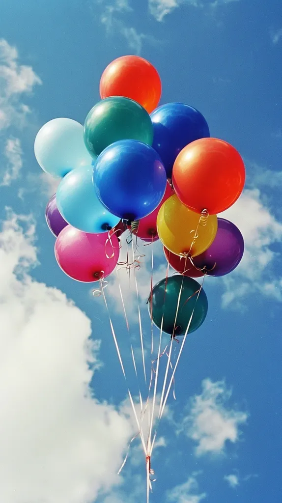 A bunch of brightly colored balloons float against a blue sky with white clouds. The balloons are tied together with white strings, and there are some red ribbons attached. The balloons are red, orange, green, blue, yellow, purple, and pink. They are all different sizes. The image is taken from below, looking up at the balloons.