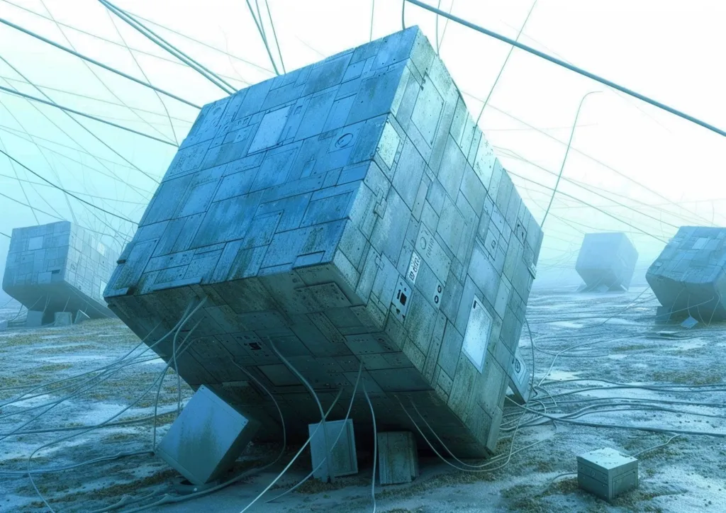 The image depicts a futuristic landscape with a large, metallic cube lying on its side. The cube appears to be made of numerous smaller panels, suggesting a complex interior. A network of cables extends from the cube, connecting it to other, smaller cubes in the distance. The scene is bathed in a pale, blue light, creating a sense of mystery and isolation. The ground is covered in a thin layer of snow or ice, enhancing the surreal and otherworldly atmosphere.